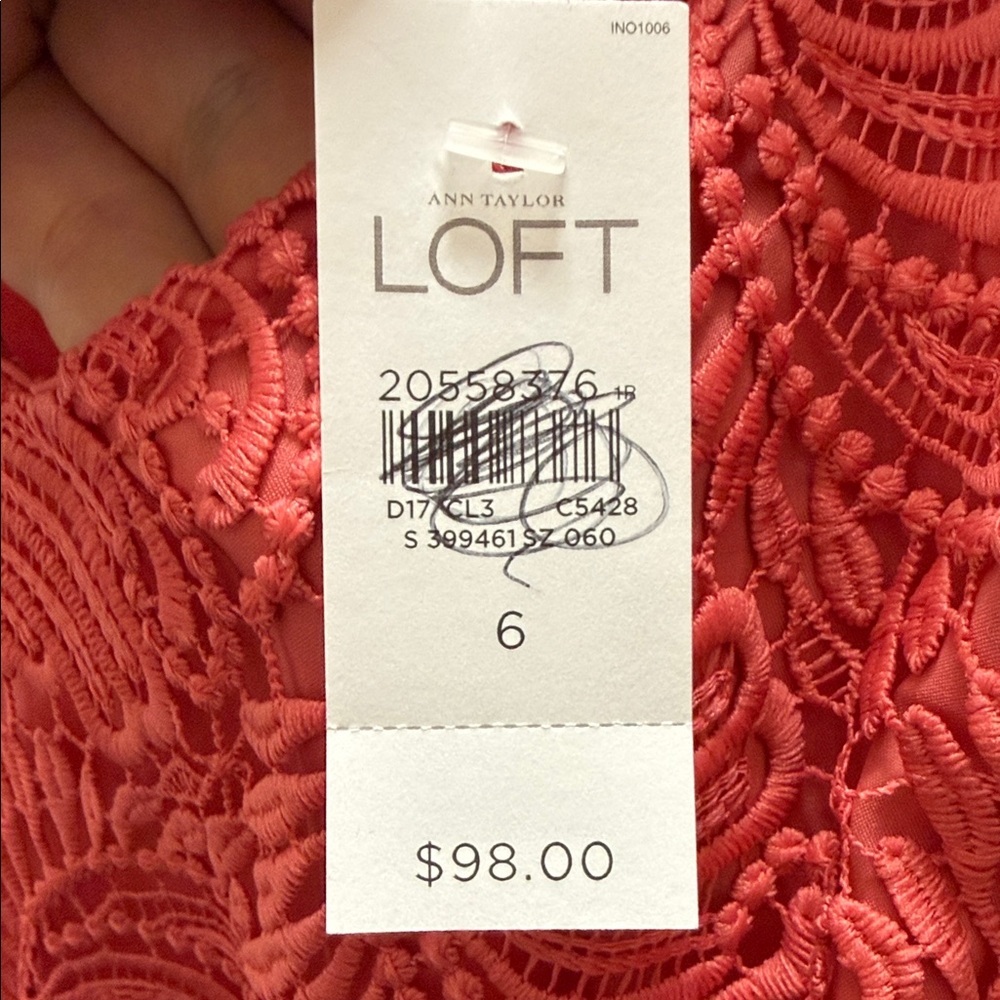 NWT LOFT Coral Pink Floral Lace Sheath Dress Size 6 $98 - Picture 9 of 9